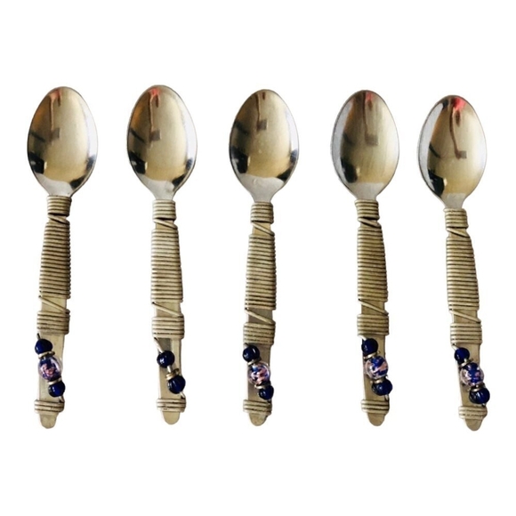 Set of 5 Fancy Handmade Stainless Steel Beads Teaspoons Silverware - Picture 3 of 4